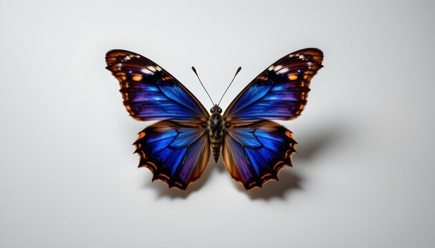 A captivating close up of a butterfly with vibrant blue wings, resting delicately on a white surface.