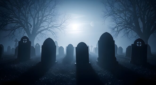 A spooky graveyard with tombstones and trees under a misty moonlit sky at night in a dark atmosphere