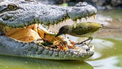 Bird Taking Advantage of Crocodile's Open Mouth for Food in a Unique Wildlife Scene
