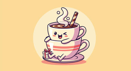 Cartoon coffee cups with winking face steam and gift illustration