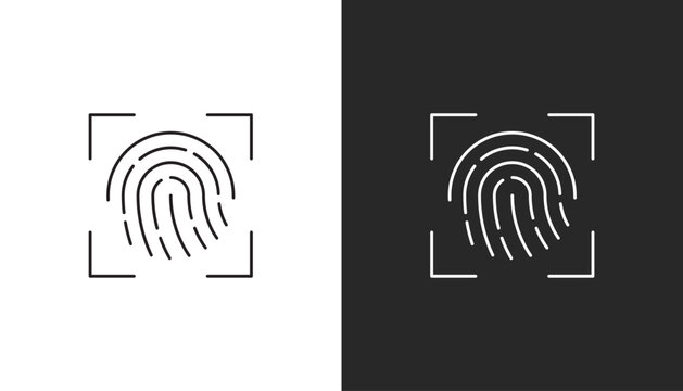 Minimalist line art illustration of a thumbprint pattern inside a dotted square crop. Represents biometric security login and user confirmation.