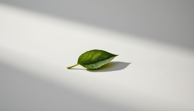 A single green leaf resting on a surface with light reflecting off it. The leaf is in focus, while the background is blurred, giving prominence to the leaf's detail and color