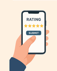 hand holding smartphone with social media icons and giving positive feedback for service