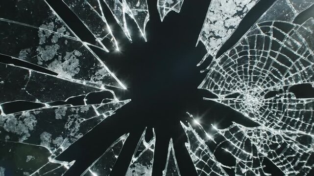 Impact point showing radial and concentric fractures across dark, transparent material