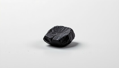 A solitary black rock against a gray background.