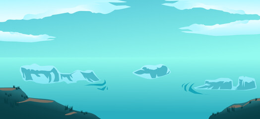 Iceberg view. Hilltop illustration. Travel, global warming, and nature concepts. Beautiful natural panorama and the sky above the iceberg.
