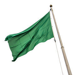 Green flag waving gracefully on flagpole breeze