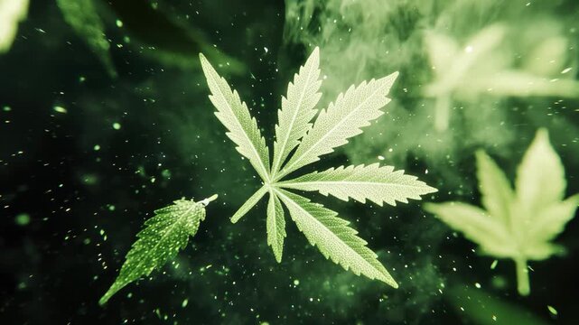 Exploding abstract cannabis leaves creating a vibrant green overlay, Isolated abstract exploding cannabis leaves Overlay Black background 29,97fps