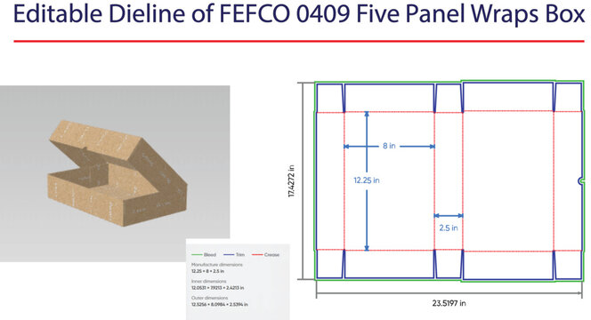 FEFCO 0409 Five Panel Wrap Box Dieline and 3D Model