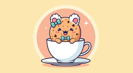 Cartoon cookie character inside teacup illustration for various design projects
