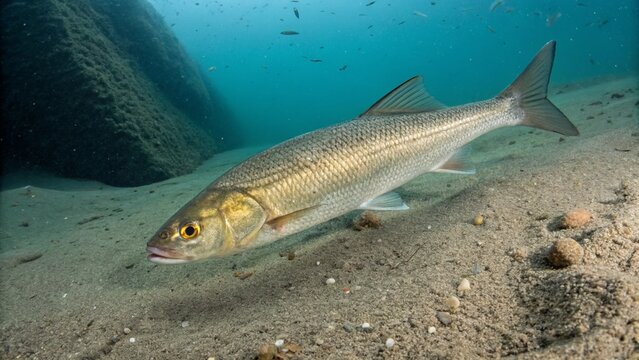 An adult Ocean Whitefish (Caulolatilus princeps) swimming over a sandy and rubble seafloor in its natural deep-water habitat.