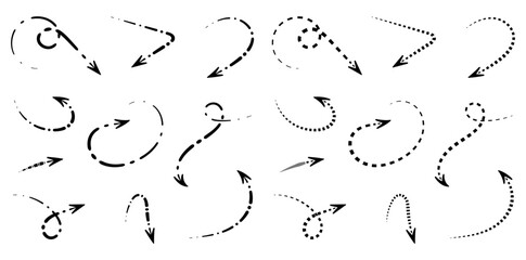 Collection of Hand Drawn Arrows with Dotted and Dashed Lines for Navigation and Design