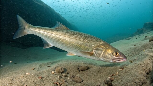 An adult Ocean Whitefish (Caulolatilus princeps) swimming over a sandy and rubble seafloor in its natural deep-water habitat.