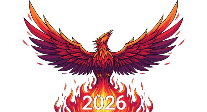 Vibrant phoenix rising from flames in 2026 design symbolizing rebirth, transformation, and a powerful future for branding and motivational visuals