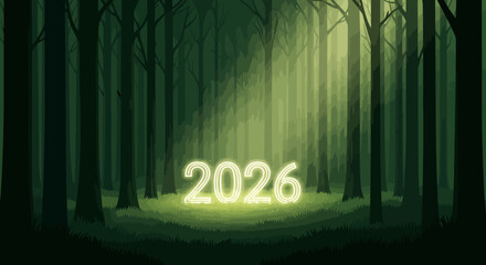 Naklejka premium Enchanted forest with luminous 2026, envisioning future goals, magical realism, new year's resolution, celebrating a brighter tomorrow, fantasy woodland