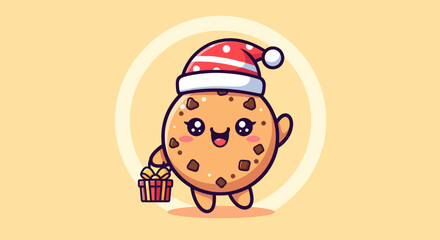 Cartoon cookie character wearing santa hat holding gift against yellow background