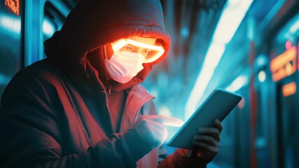 Guy in protective mask checks email while riding the subway at night, guy in a protective mask reading e-mail on a subway train