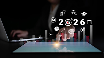 Bar graphs, charts, and number 2026 with AI and data analysis icons symbolizing future business innovation and analytics Parse