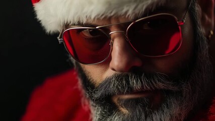 A man dressed as a Santa Claus showcases a modern twist on traditional holiday attire with sunglasses and a festive outfit