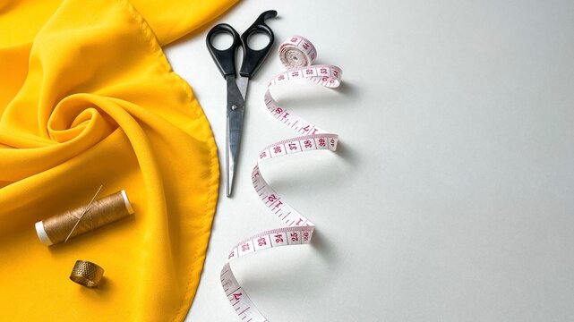 Sewing supplies are laid out on a white table and yellow fabric for working with textiles and handicrafts. - Powered by Adobe