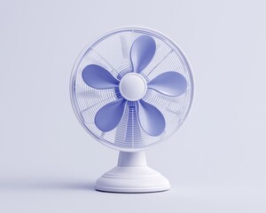 Blue tinted electric fan with five blades and a protective grill on a white background
