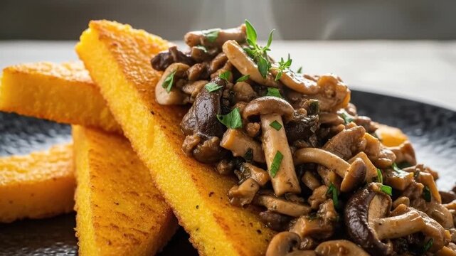 Gourmet meal with golden polenta and sauteed mushrooms close up