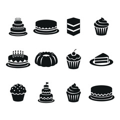 Cake and Cupcake Silhouette Icons Set in Flat Style