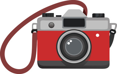 A vintage style red and silver camera with a red carrying strap