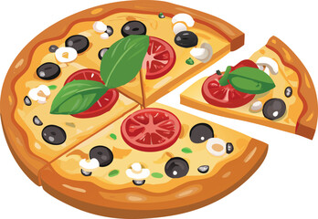A delicious cartoon pizza with tomato olives and basil a slice removed
