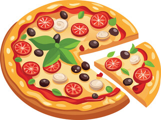 A delicious cartoon illustration of a pizza topped with tomatoes and olives
