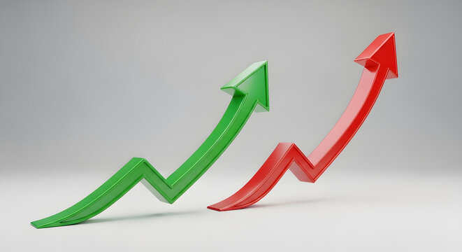 Two 3D Rising Growth Arrows (Red and Green) Representing Success and Financial Increase