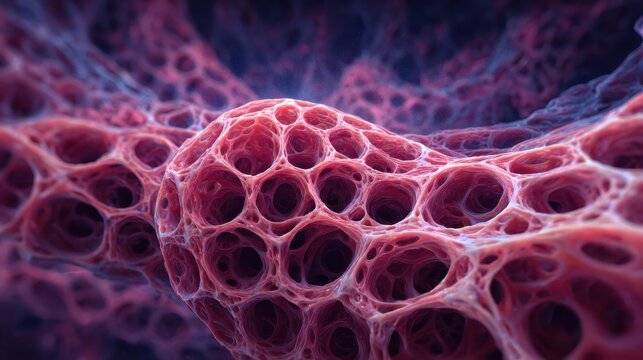 Abstract close-up of colorful, interconnected cellular structures in a scientific backdrop.
