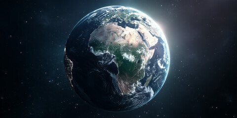 the earth seen from space, with the african continent highlighted in green, stars and blue light all around.