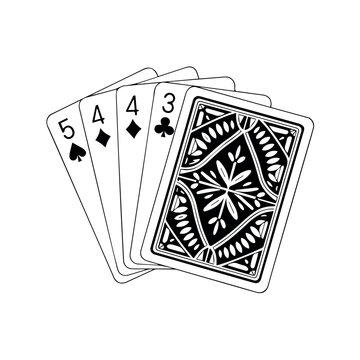 Hand of playing cards featuring a five of spades two fours and a three with a decorative back design
