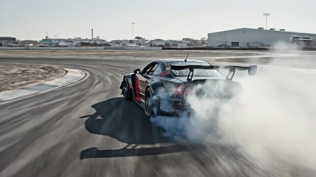 Highly modified coupe performing power slide on paved track