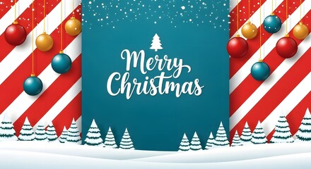 Merry Christmas banner with hanging gold and teal baubles, candy-stripe red background, falling snow, and white script lettering framed by snowy hills and fir trees.