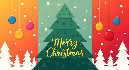 Retro modern Merry Christmas poster with stylized green tree, falling snow, and colorful hanging baubles on orange green red panels. cheerful minimalist holiday graphic.