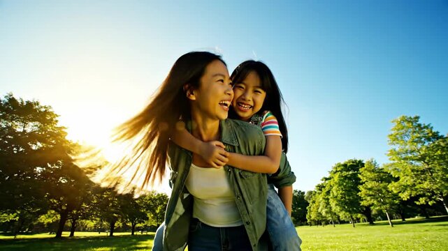 Joyful mother giving piggyback ride to daughter in sunny park