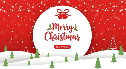 Red Christmas landing page with round white centerpiece, bells ribbon, fairy lights, snow, and rolling hills of green firs.