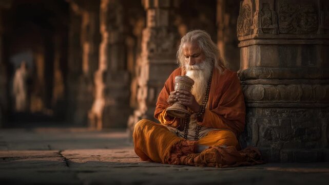 Senior Sadhu Meditating with Offering Pot in Ancient Temple, India