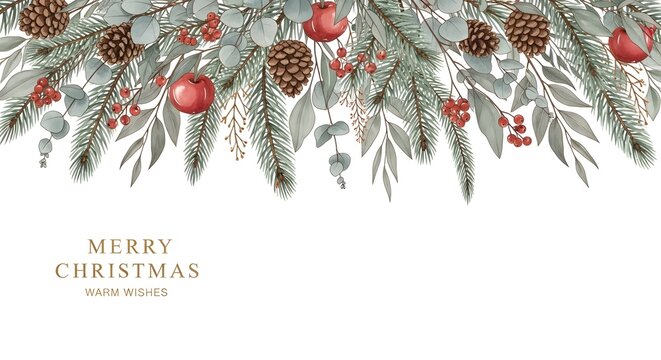 Watercolor Christmas botanicals border pine and fir branches, eucalyptus, pinecones, red berries, and apples. elegant natural holiday card