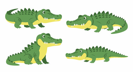 Obraz premium Set of four cute green cartoon crocodiles in various poses, isolated on a white background.