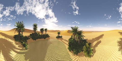 HDRI High resolution map. environment map, Round panorama, spherical panorama, equidistant projection, panoramic landscape of the oasis in the desert, 3D rendering