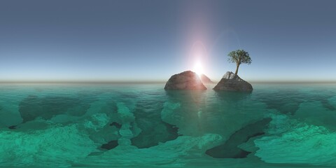 Panorama of sea sunset, ocean sunrise, seascape, 3d rendering
