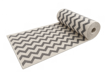 Rolled rug with grey and white chevron pattern for modern home decor, furnishing, and interior design, transparent background