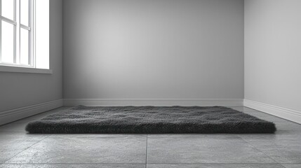 Grey shag rug on tiled floor in corner room, window to the left; minimal