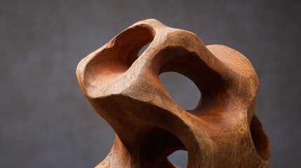 Abstract wooden sculpture with unique shapes and textured surfaces.