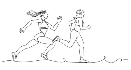 Woman running in sportswear in one line art style. Woman drawing with editable black stroke on white background. Vector illustration.
