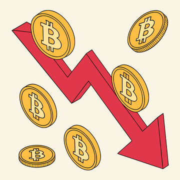 Shiny 3D Bitcoin coins with red downward graph, symbolizing cryptocurrency value drop, market loss, clean, high-quality, detailed, visually striking.