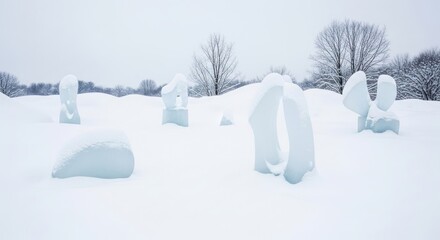 Snow-covered sculptures in a winter landscape, creating a serene and artistic scene.